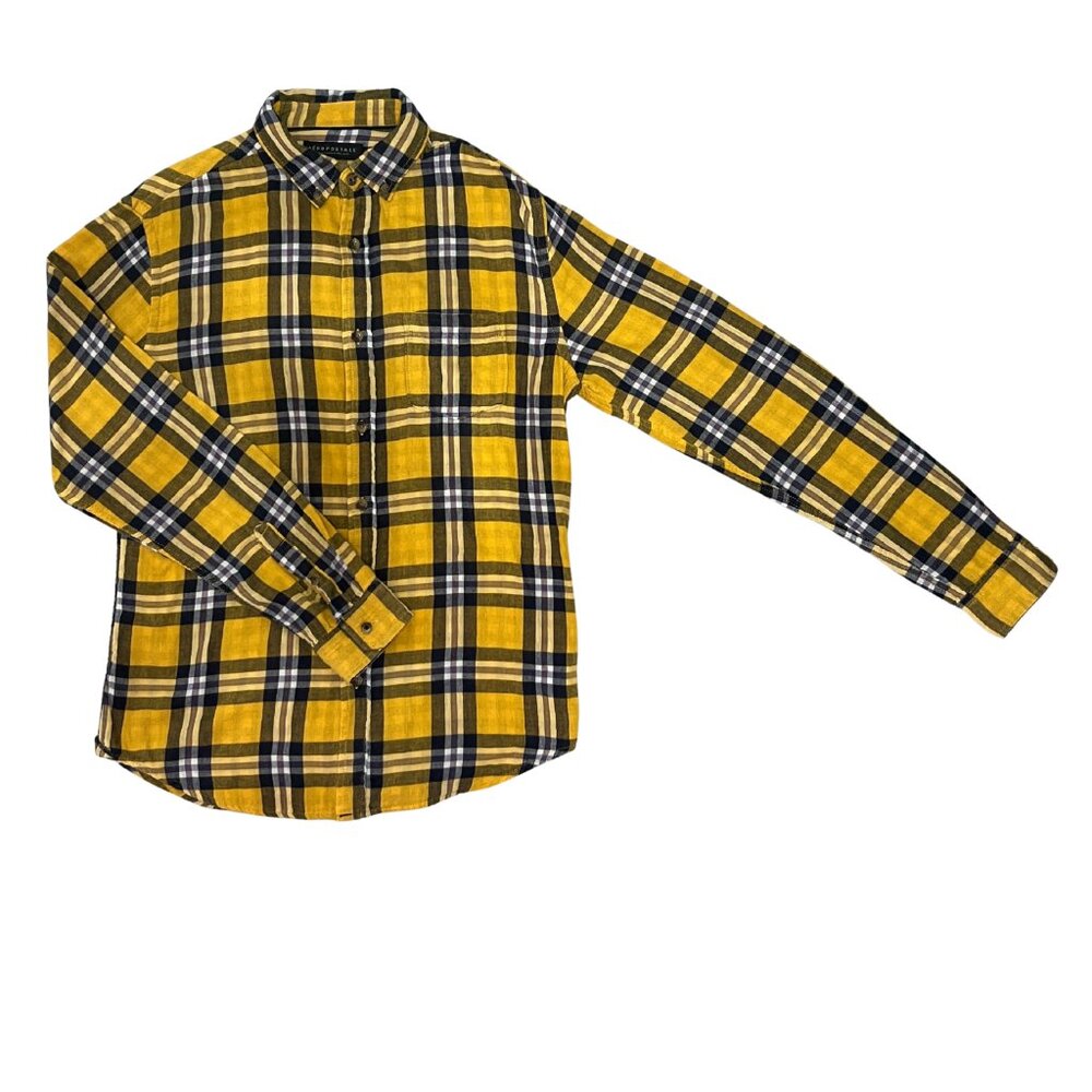Aeropostale Men's Plaid Button Down Shirt Yellow Navy Casual Flannel Size S